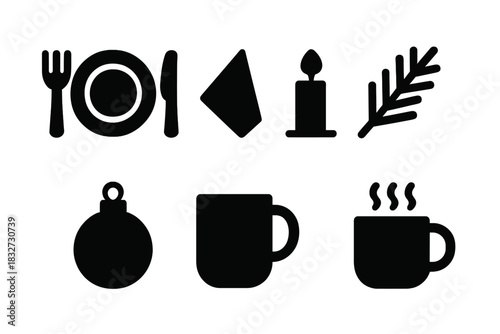 Winter Icons Flat Lay. Winter holiday flat lay. Filled icon set of Winter holiday flat lay: plate, fork, knife