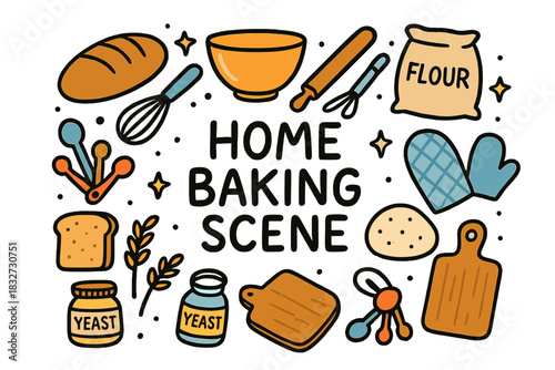 Home Baking Doodle. Home baking scene. Hand-drawn doodle illustration of Home baking scene. loaf of bread,
