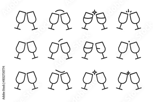 Black Cheers Icons. Cheers motion. Line outline icon set of Cheers motion: clinking glasses, soft arc, tiny