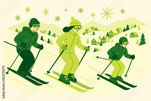 Alpine Ski Adventure. Ski resort vacation. Travelers glide down snowy slopes with distant alpine villages,
