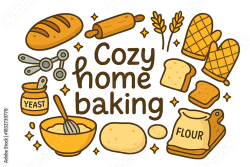 Cozy Home Baking. Cozy home baking. Hand-drawn doodle illustration of Cozy home baking. loaf of bread, rolling