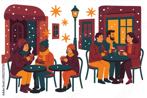 Cozy European Terrace. Cozy European terrace. Tourists sip hot drinks outside cafes with snow drifting around,