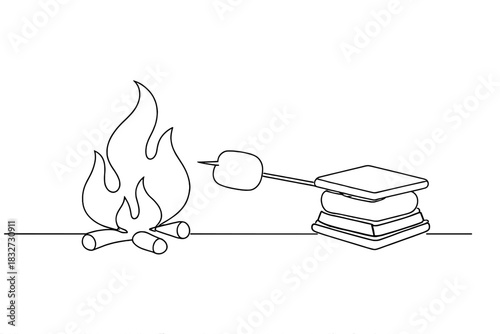 Campfire S'more Delight. Nighttime marshmallow treat. Minimalistic one-line drawing s’more components near