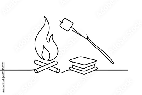 Minimalist Campfire Smores. Winter campfire snack. Minimalistic one-line drawing small fire with roasting