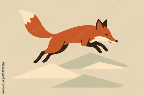 Retro Winter Fox. Playful winter fox minimalist flat illustration of a fox leaping across minimal geometric