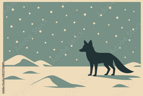 Fox in Snow Silhouette. Winter wildlife silhouette minimalist flat illustration of a fox in a sparse snowy