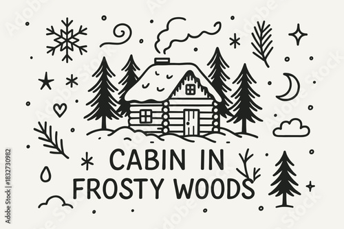 Frosty Woodland Cabin. Cabin in frosty woods. Hand-drawn doodle illustration of Cabin in frosty woods. Central