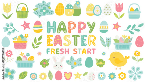 Happy easter fresh start greeting with cute cartoon elements like colorful eggs bunnies chicks flowers and baskets in a playful and festive design for spring celebrations