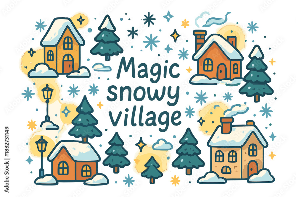 Fototapeta premium Magic Snowy Village. Magic snowy village. Hand-drawn doodle illustration of Magic snowy village. cozy houses,