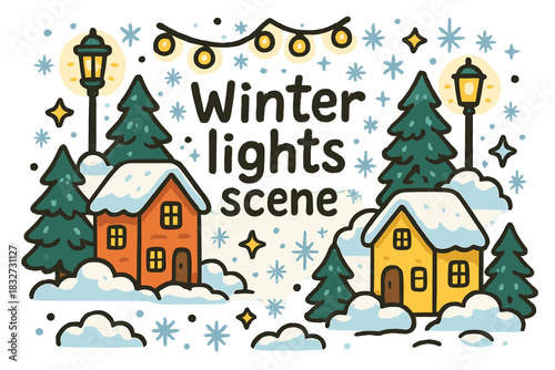 Wallpaper Mural Winter Lights Wonderland. Winter lights scene. Hand-drawn doodle illustration of Winter lights scene. cozy Torontodigital.ca
