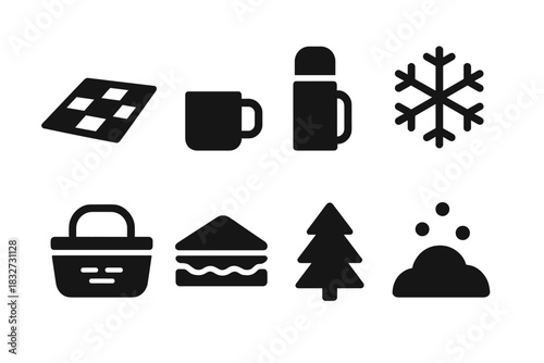 Frosty Picnic Icons. Frosty picnic layout. Filled icon set of Frosty picnic layout: picnic blanket, mug,