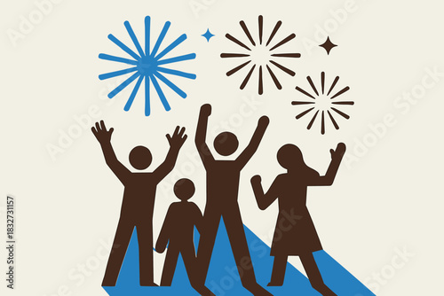 Silhouette Fireworks Celebration. Silhouettes celebrating under fireworks. geometric sans heavy, flat fills,