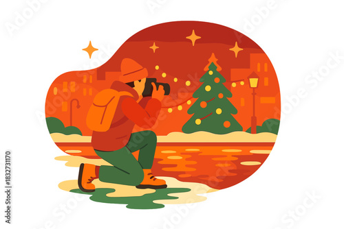 Festive Winter Reflections. Evening winter photo. City lights reflect on snow-covered pavement, photographer