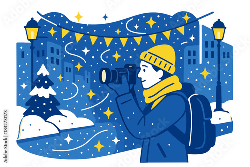 Snowy Tourist Streetscape. Tourist photo in snow. Photographer snaps picture of decorated streets, snow