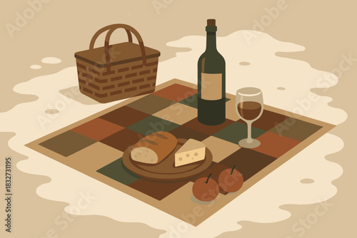 Winter Picnic Scene. Winter picnic scene minimalist flat illustration of a geometric blanket and picnic items