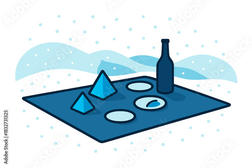Minimalist Snowy Picnic. Snowy Outdoor Picnic. Flat minimalist vector illustration of a Snowy Outdoor Picnic.