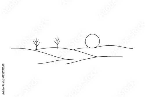 Minimalistic Snowy Field. Early New Year landscape. Minimalistic one-line drawing quiet field covered in snow