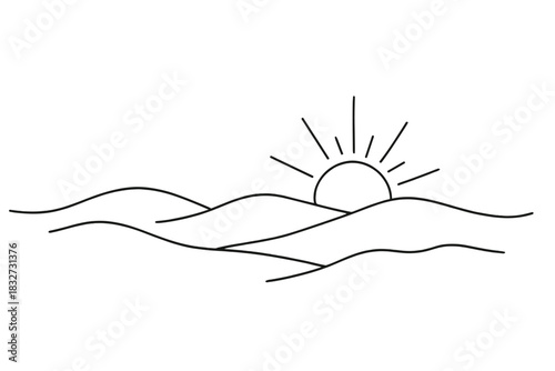 Minimalist Frosty Morning. Morning frost scene. Minimalistic one-line drawing gentle sun rays over