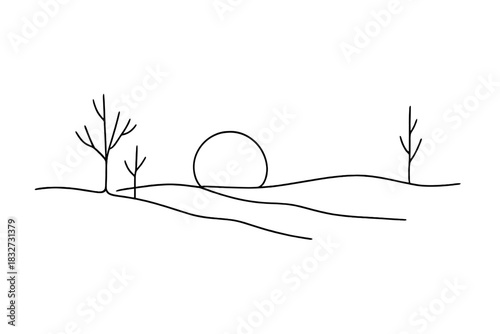 Minimalist Winter Sunrise. Winter sunrise calm. Minimalistic one-line drawing low sun above frosty landscape