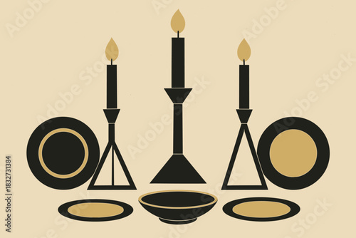 Geometric Elegance Arrangement. Modern black-and-gold centerpiece minimalist flat illustration of geometric