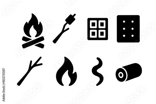 S'mores Icons Set. S’mores by campfire. Filled icon set of S’mores by campfire: campfire, marshmallow,