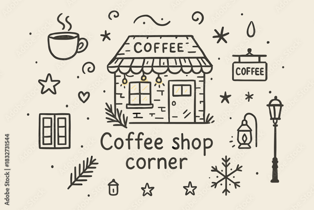 Fototapeta premium Coffee Shop Doodle. Coffee shop corner. Hand-drawn doodle illustration of Coffee shop corner. Central doodle
