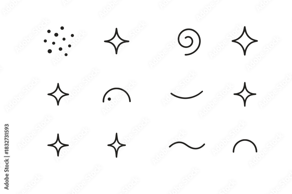 Obraz premium Black Glitter Icons. Glitter fragments. Line outline icon set of Glitter fragments: micro dots, tiny spark,