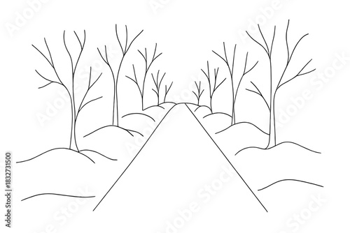 Minimalist Snowy Path. Snow-covered park pathway. Minimalistic one-line drawing park alley with snow and