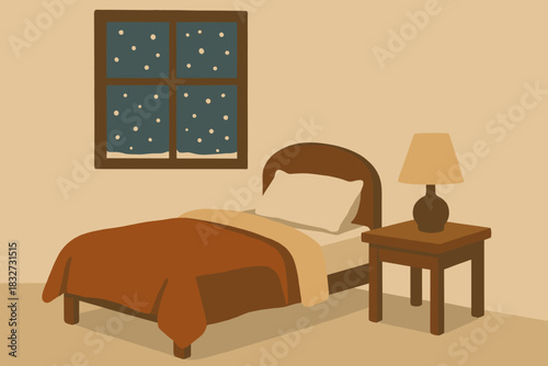 Cozy Winter Retreat. Cozy winter retreat minimalist flat illustration of a small bed with warm blankets, side