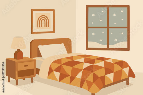 Retro Snowy Bedroom. Soft snowy retreat minimalist flat illustration of a bedroom with warm geometric bedding