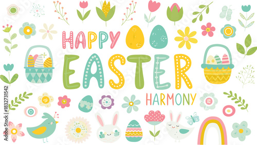 Happy easter harmony text with cute easter elements including eggs baskets flowers bunnies birds and rainbow on white background