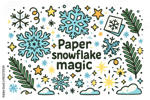 Doodle Snowflake Magic. Paper snowflake magic. Hand-drawn doodle illustration of Paper snowflake magic. folded