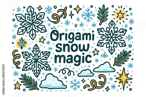 Origami Snow Magic Doodle. Origami snow magic. Hand-drawn doodle illustration of Origami snow magic. folded