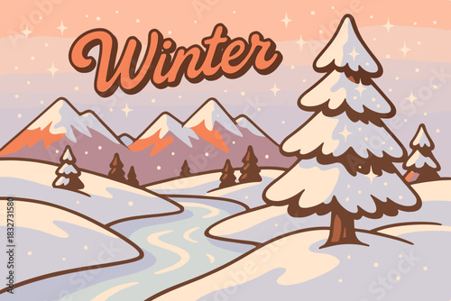 Retro Winter Wonderland. Paper cut-out winter landscape. 70s poster vibe, icy pastel gradient, thick outlines,