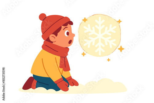 Glowing Snowflake Discovery. Child discovering glowing snowflake. A child kneels in fresh snow, eyes wide as a
