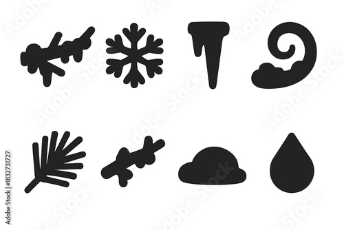Winter Frost Icons. Winter frost details. Filled icon set of Winter frost details: branch, snowflake, icicle,