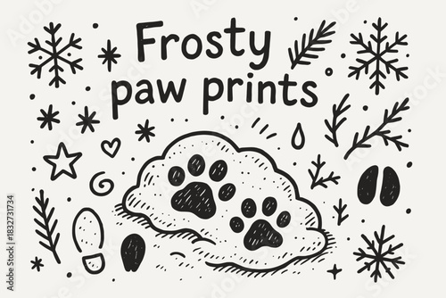 Frosty Paw Prints. Frosty paw prints. Hand-drawn doodle illustration of Frosty paw prints. Central doodle (paw