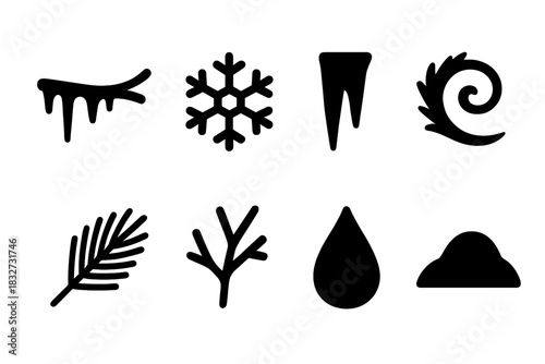 Frosty Woodland Icons. Frosty woodland elements. Filled icon set of Frosty woodland elements: branch,
