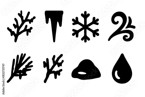 Frozen Branch Icons. Ice crystals on branches. Filled icon set of Ice crystals on branches: branch, icicle,