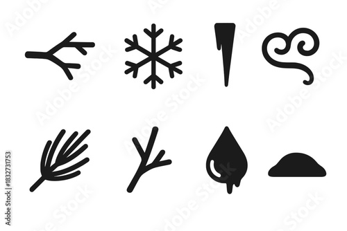 Winter Frost Icons. Winter frost macro. Filled icon set of Winter frost macro: branch, snowflake, icicle,