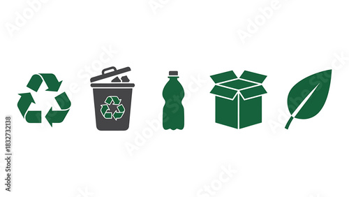 Eco-Friendly Icons Set Recycling, Waste, Bottle, Box and Leaf