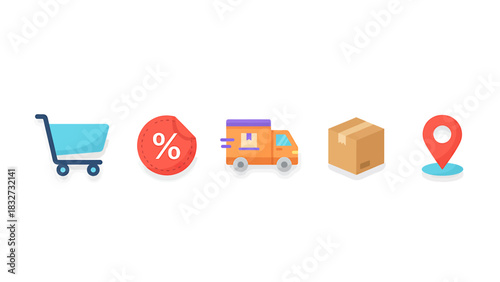 Set of five ecommerce icons shopping cart, discount tag, delivery truck, package, and location pin