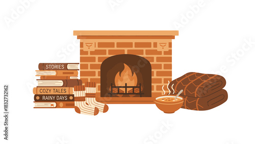 Cozy fireplace scene with stacked books, warm socks, and a steaming bowl of soup, perfect for a relaxing winter evening
