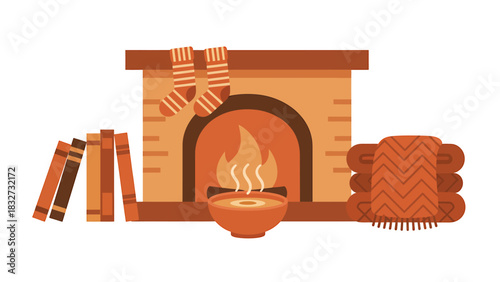 Flat vector illustration of a cozy winter evening scene with a fireplace, hot drink, books, and blankets, perfect for warmth, comfort, and relaxation at home