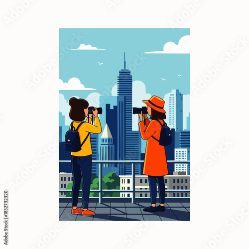 Two women photographers document the expansive metropolitan panorama from a high-rise balcony, showcasing architectural beauty.