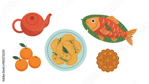 A vibrant collection of traditional Asian festival foods and cultural items, featuring dumplings, oranges, fish, a teapot, and a mooncake