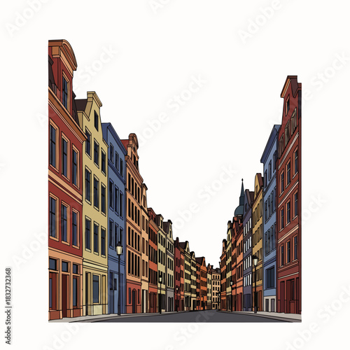 A charming street scene unfolds with a vibrant array of historic European townhouses, their colorful facades creating a picturesque urban landscape.