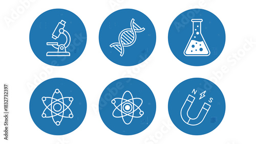 Science and Physics Icons Set Microscope, DNA, Flask, Atom, and Magnet