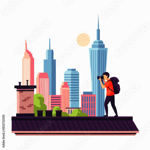 A modern traveler with a camera and backpack captures a vibrant city skyline from a rooftop, symbolizing urban exploration and the joy of travel.