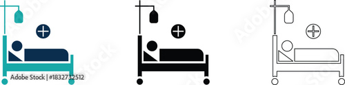 Hospital bed icon set with Iv drip vector patient receiving medical care and treatment for recovery and healthcare needs.